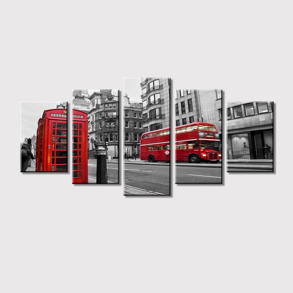 London City UK Street Scene Red Bus & Vintage Buildings Framed 5 Piece Canvas Wall Art