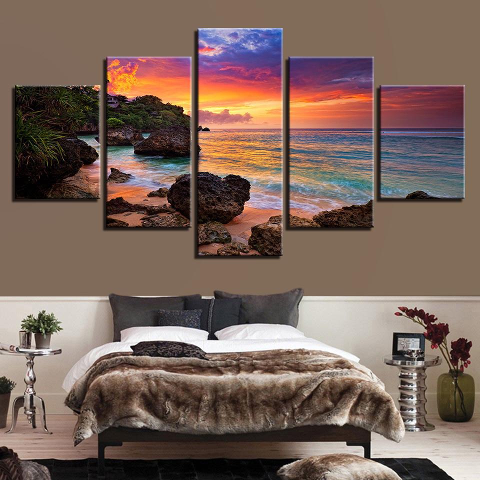 Beautiful Sunrise Rocky Ocean Beach & Clouds 5 Piece Canvas Wall Art