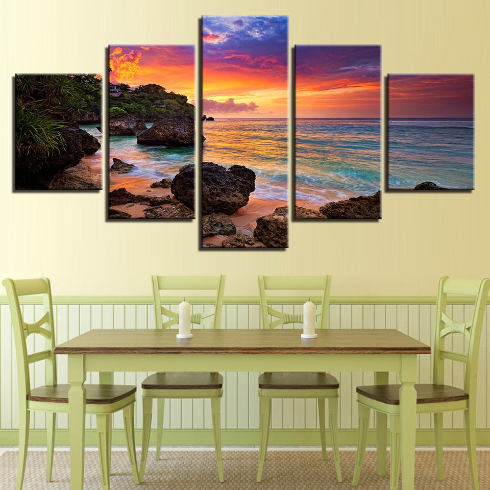Beautiful Sunrise Rocky Ocean Beach & Clouds 5 Piece Canvas Wall Art