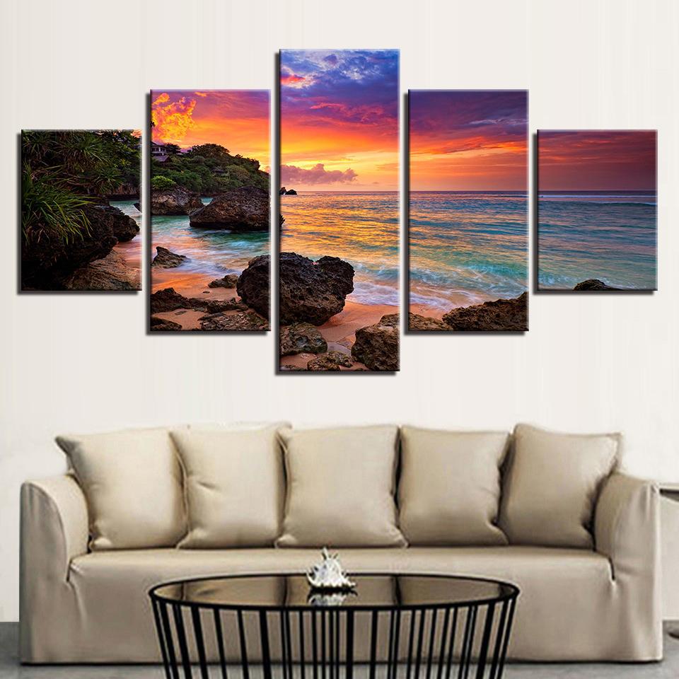 Beautiful Sunrise Rocky Ocean Beach & Clouds 5 Piece Canvas Wall Art