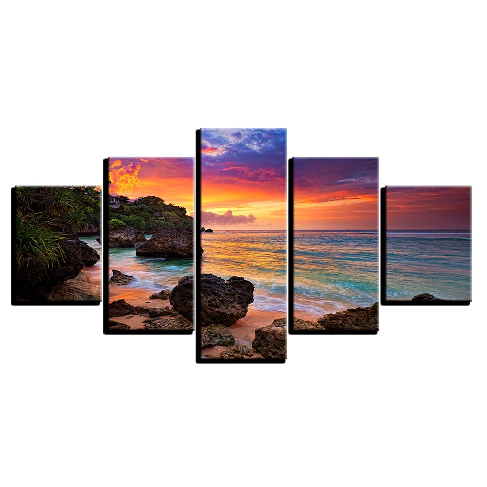 Beautiful Sunrise Rocky Ocean Beach & Clouds 5 Piece Canvas Wall Art