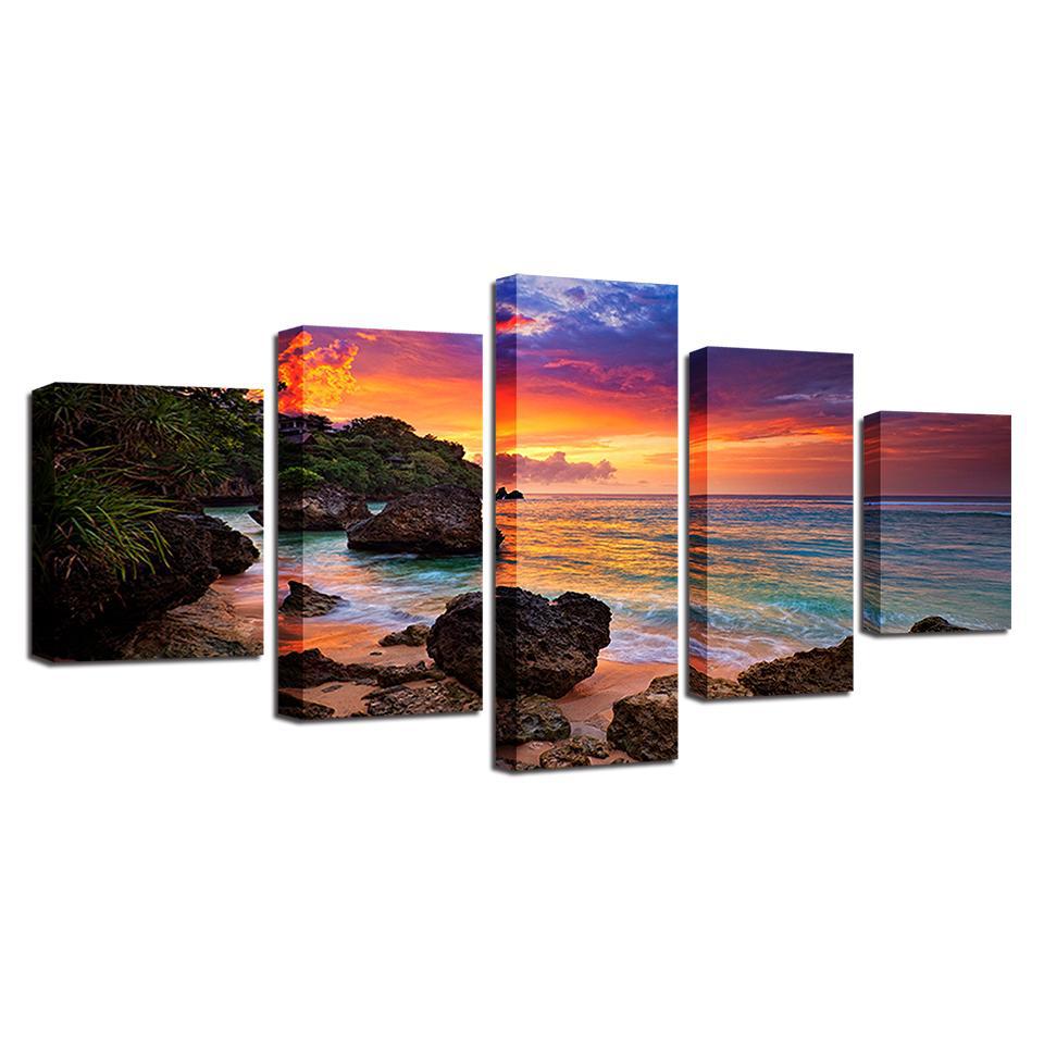 Beautiful Sunrise Rocky Ocean Beach & Clouds 5 Piece Canvas Wall Art
