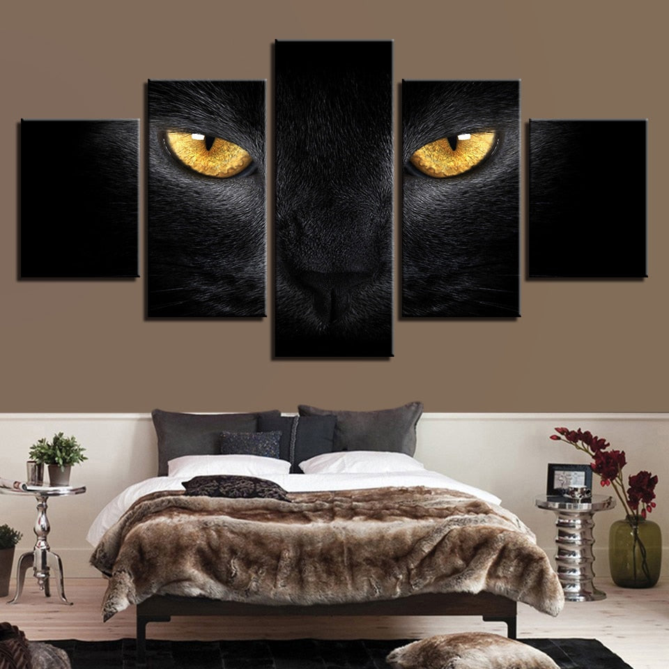Black Cat With Yellow Eyes Framed 5 Piece Canvas Wall Art