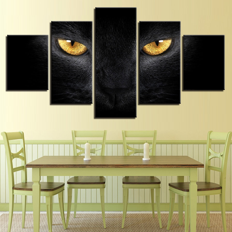 Black Cat With Yellow Eyes Framed 5 Piece Canvas Wall Art