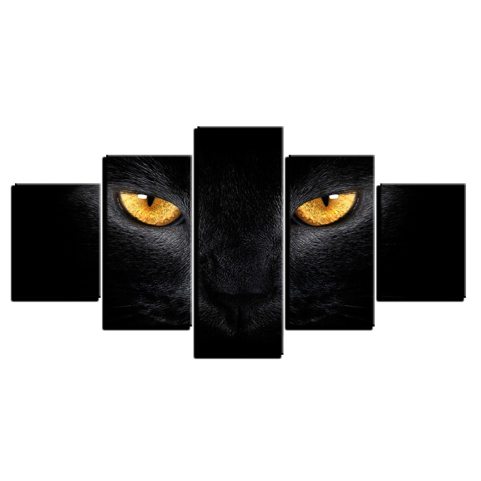 Black Cat With Yellow Eyes Framed 5 Piece Canvas Wall Art