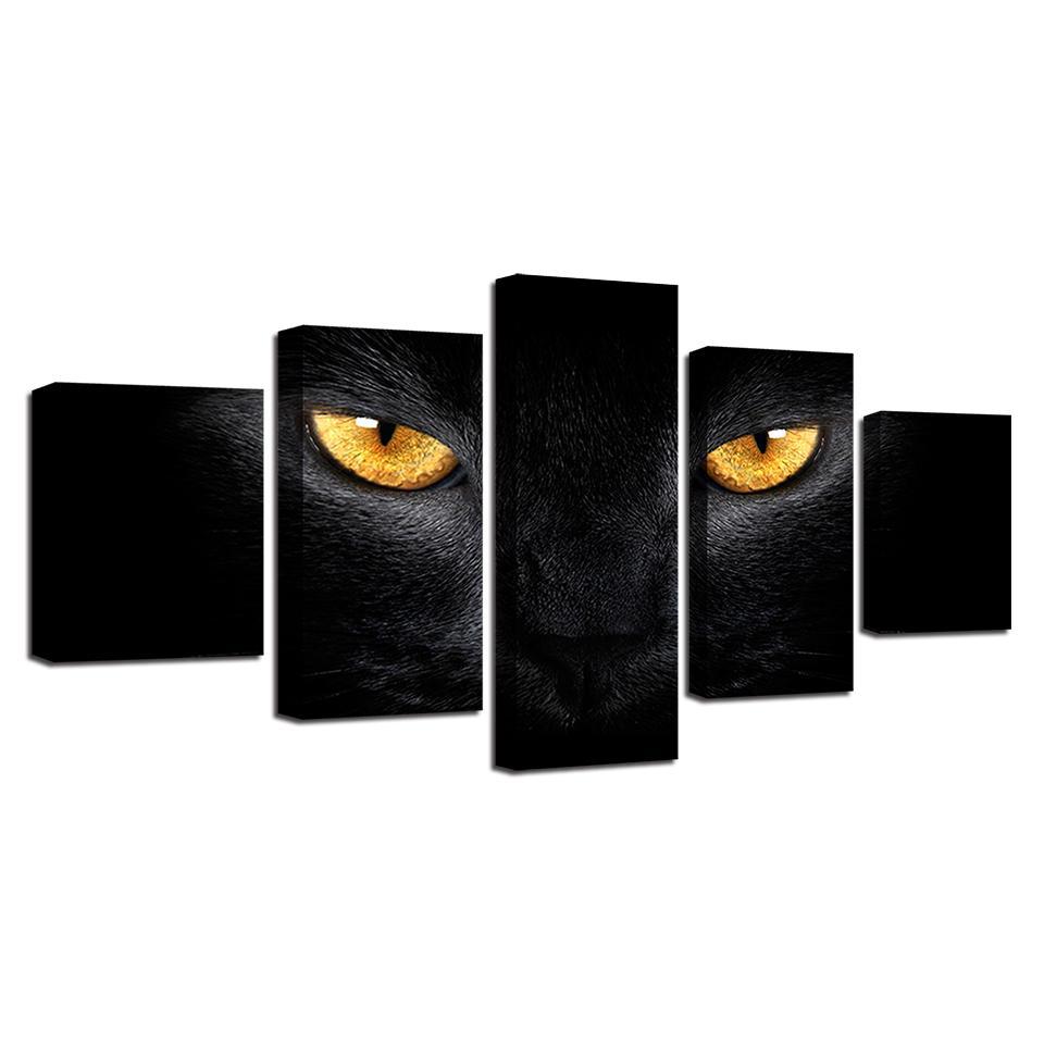 Black Cat With Yellow Eyes Framed 5 Piece Canvas Wall Art