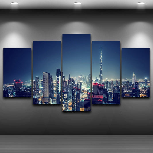 Dubai City United Arab Emirates Burj Khalifa Night Skyline Scene Framed 5 Piece Canvas Wall Art