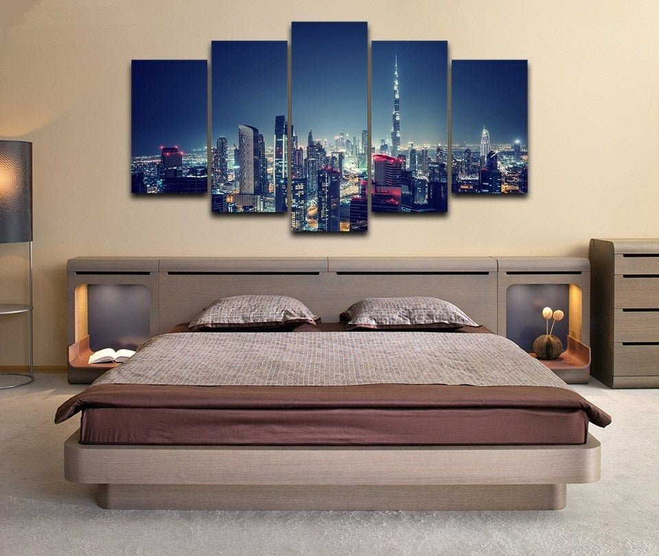 Dubai City United Arab Emirates Burj Khalifa Night Skyline Scene Framed 5 Piece Canvas Wall Art