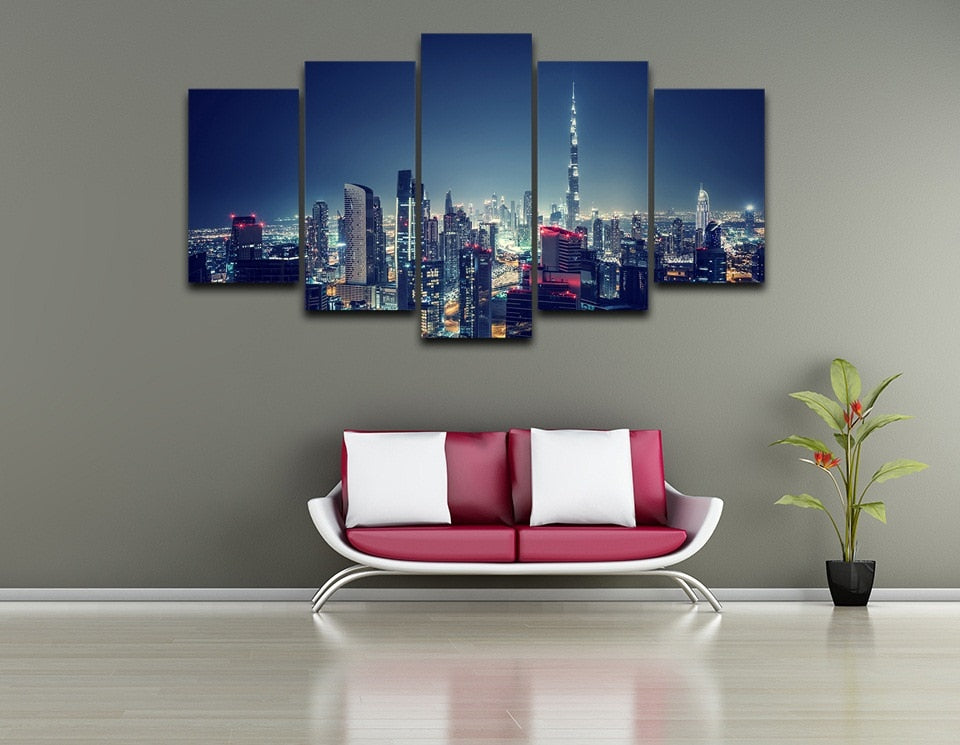 Dubai City United Arab Emirates Burj Khalifa Night Skyline Scene Framed 5 Piece Canvas Wall Art