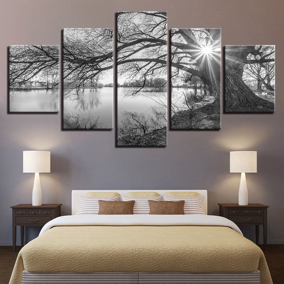 Lakeside Big Trees Black & White 5 Piece Canvas Wall Art