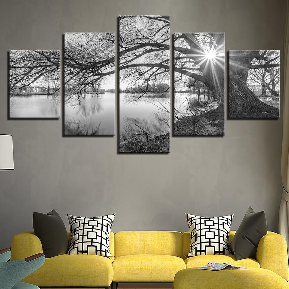 Lakeside Big Trees Black & White 5 Piece Canvas Wall Art