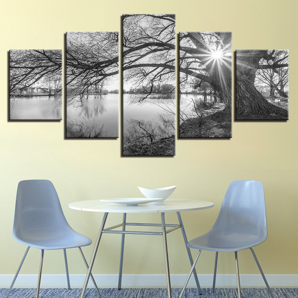 Lakeside Big Trees Black & White 5 Piece Canvas Wall Art