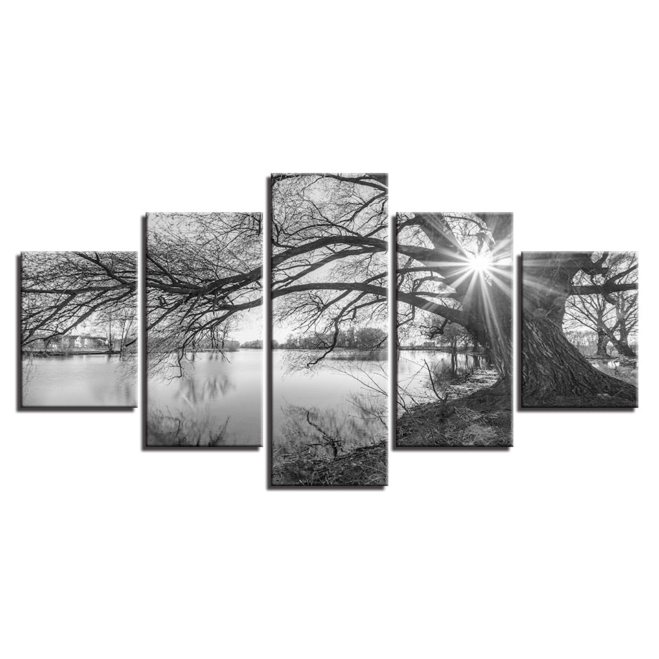 Lakeside Big Trees Black & White 5 Piece Canvas Wall Art