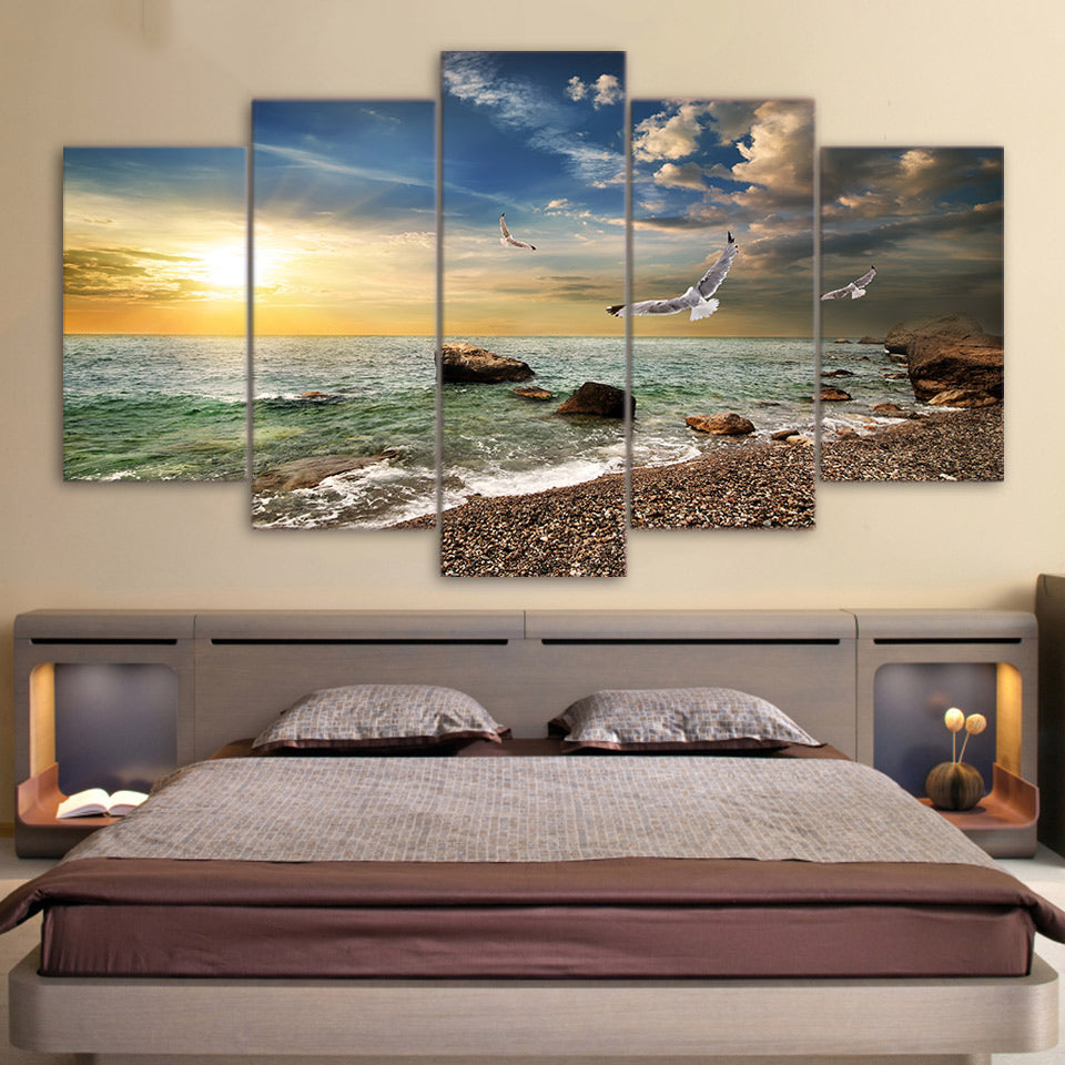 Beautiful Sunset Flying Bird On Rocky Sandy Beach Waves At Sunrise With Clouds Framed 5 Piece Canvas Wall Art