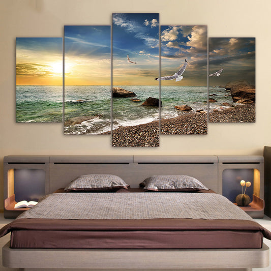 Beautiful Sunset Flying Bird On Rocky Sandy Beach Waves At Sunrise With Clouds Framed 5 Piece Canvas Wall Art