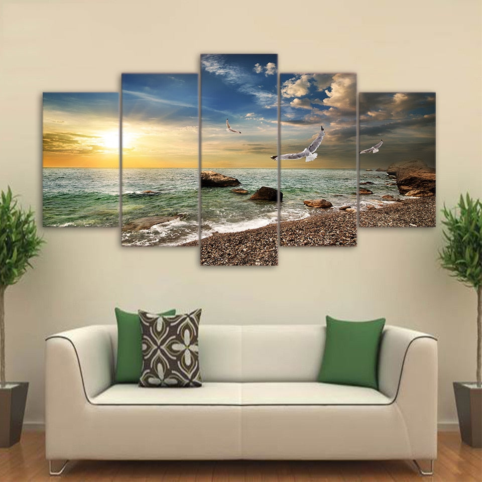 Beautiful Sunset Flying Bird On Rocky Sandy Beach Waves At Sunrise With Clouds Framed 5 Piece Canvas Wall Art