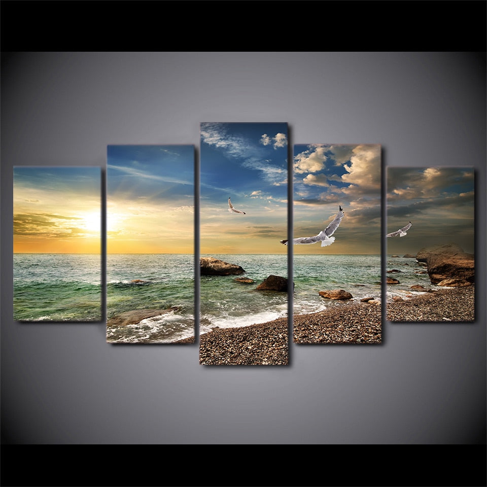 Beautiful Sunset Flying Bird On Rocky Sandy Beach Waves At Sunrise With Clouds Framed 5 Piece Canvas Wall Art