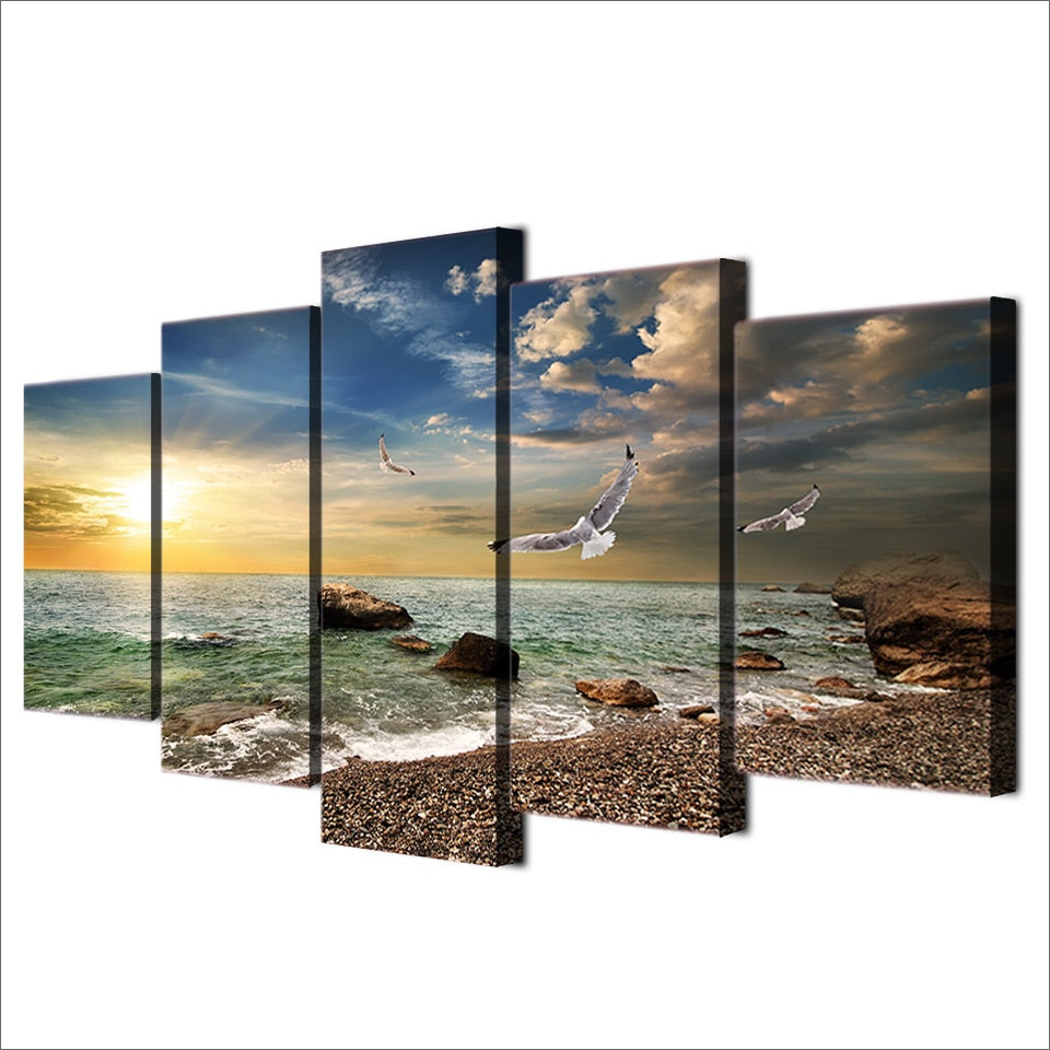 Beautiful Sunset Flying Bird On Rocky Sandy Beach Waves At Sunrise With Clouds Framed 5 Piece Canvas Wall Art