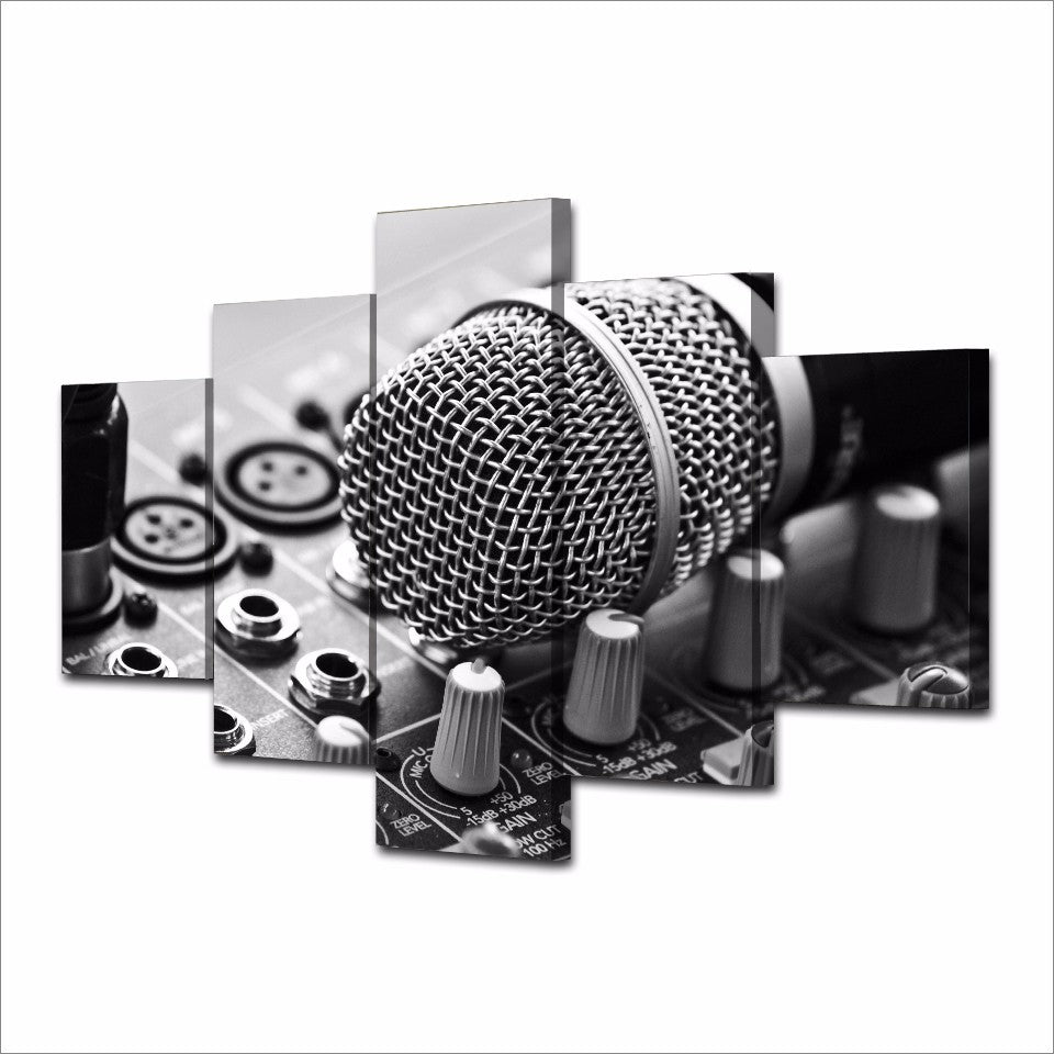 Microphone DJ Music Room Black & White Framed 5 Piece Canvas Wall Art