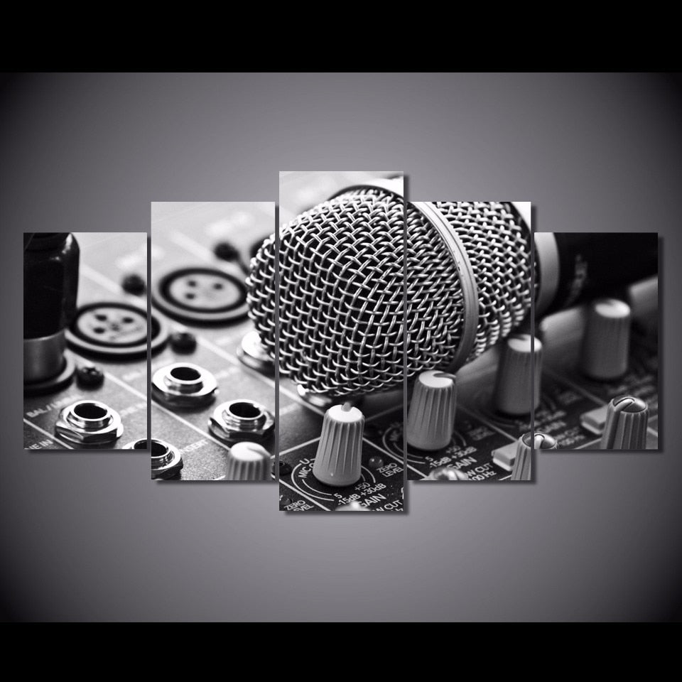 Microphone DJ Music Room Black & White Framed 5 Piece Canvas Wall Art