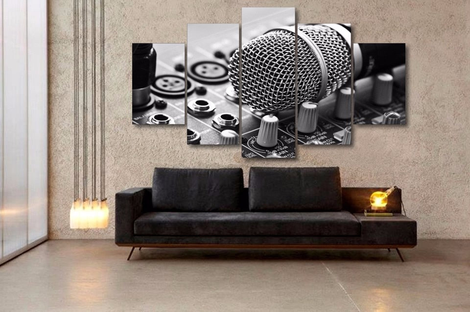 Microphone DJ Music Room Black & White Framed 5 Piece Canvas Wall Art