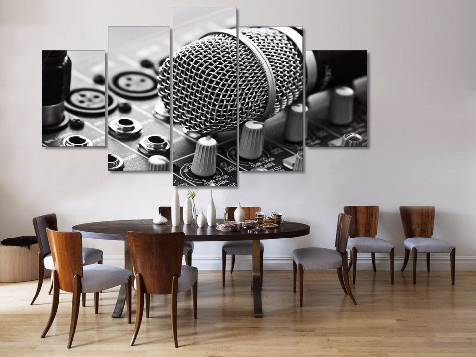 Microphone DJ Music Room Black & White Framed 5 Piece Canvas Wall Art