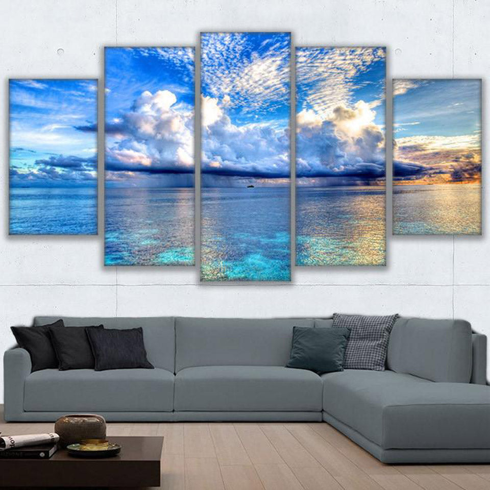Seascape Ocean Sea & Blue Sky Clouds Framed 5 Piece Canvas Wall Art