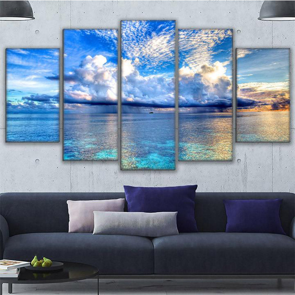 Seascape Ocean Sea & Blue Sky Clouds Framed 5 Piece Canvas Wall Art