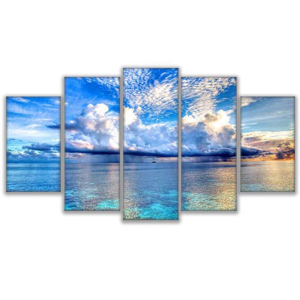 Seascape Ocean Sea & Blue Sky Clouds Framed 5 Piece Canvas Wall Art