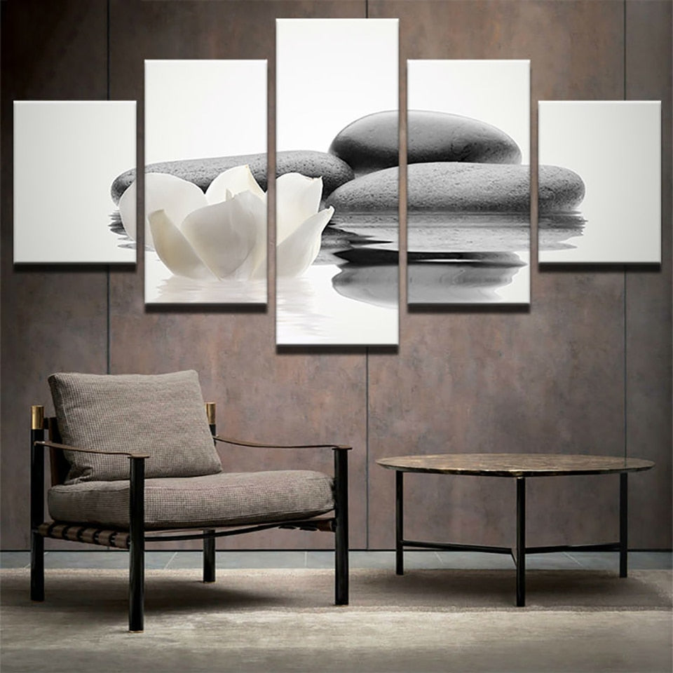 Zen Stone & White Flower On Water Framed 5 Piece Canvas Wall Art