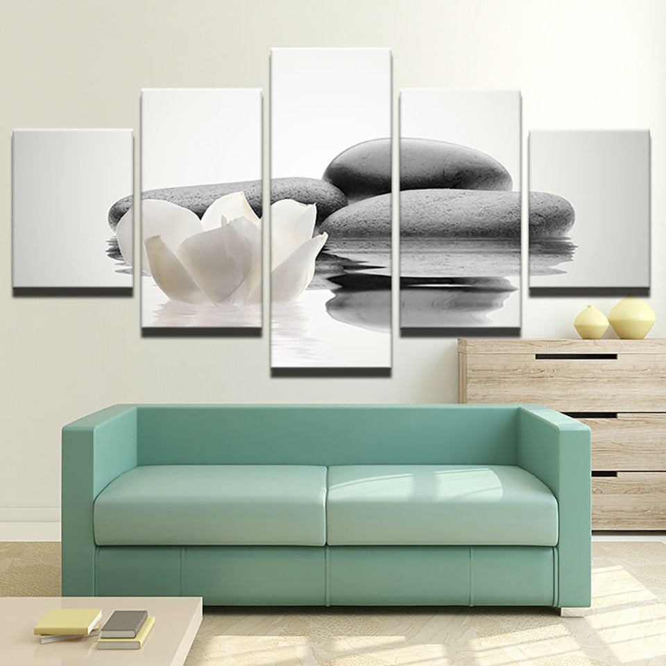 Zen Stone & White Flower On Water Framed 5 Piece Canvas Wall Art