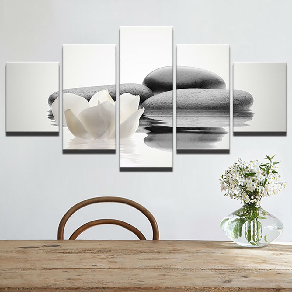 Zen Stone & White Flower On Water Framed 5 Piece Canvas Wall Art
