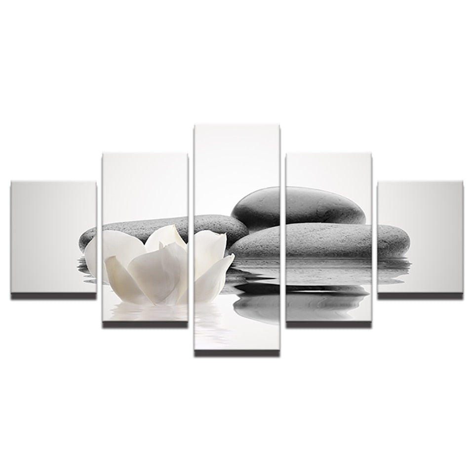 Zen Stone & White Flower On Water Framed 5 Piece Canvas Wall Art