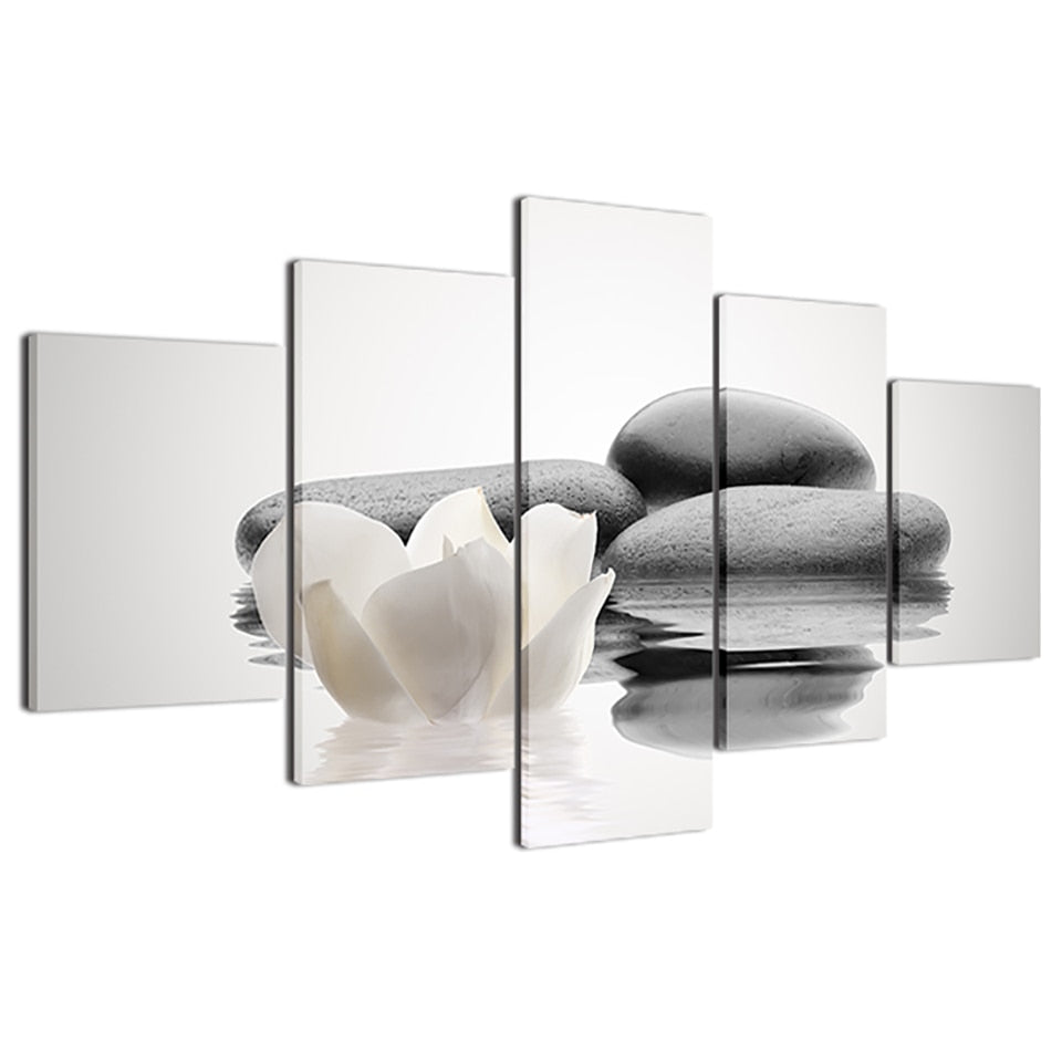 Zen Stone & White Flower On Water Framed 5 Piece Canvas Wall Art