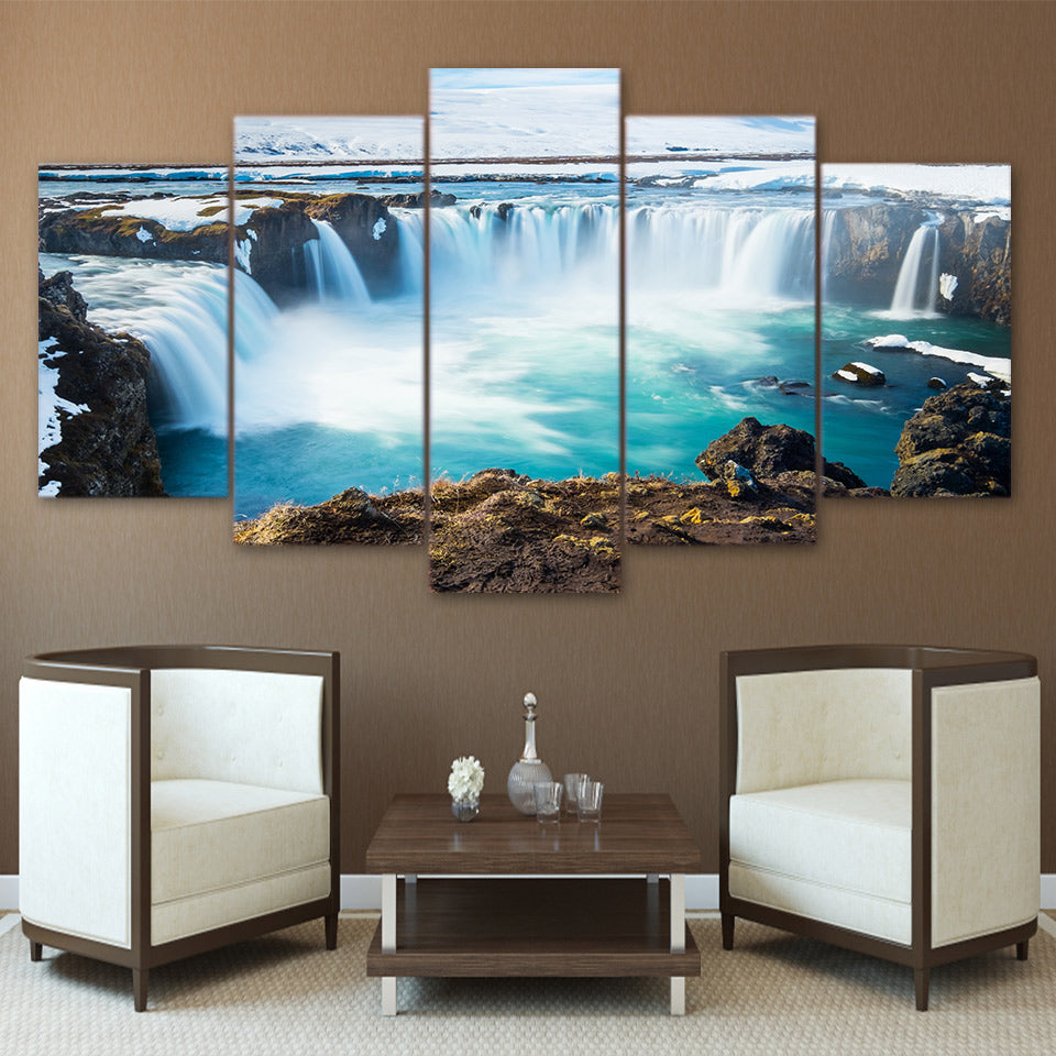 Beautiful Rocky Iceland Godafoss Waterfall Framed 5 Piece Canvas Wall Art