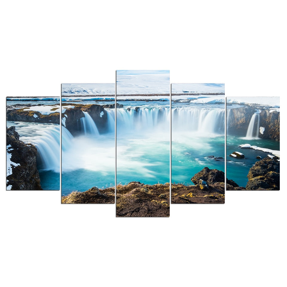 Beautiful Rocky Iceland Godafoss Waterfall Framed 5 Piece Canvas Wall Art