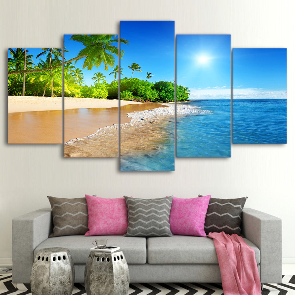 Beautiful Tropical Ocean Beach Palm Trees Framed 5 Piece Canvas Wall Art