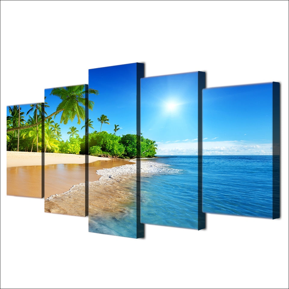 Beautiful Tropical Ocean Beach Palm Trees Framed 5 Piece Canvas Wall Art
