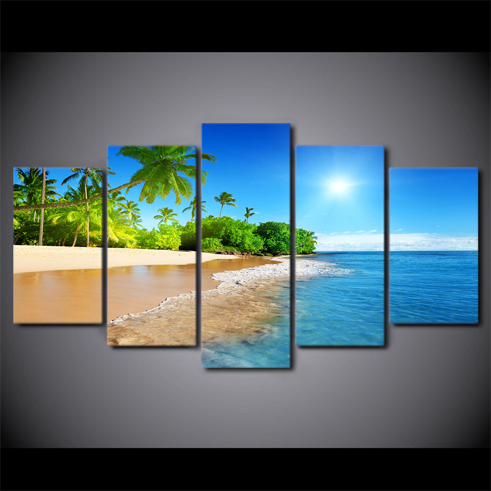 Beautiful Tropical Ocean Beach Palm Trees Framed 5 Piece Canvas Wall Art