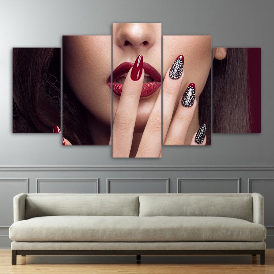 Sexy Woman Lips & Nails Framed 5 Piece Canvas Wall Art