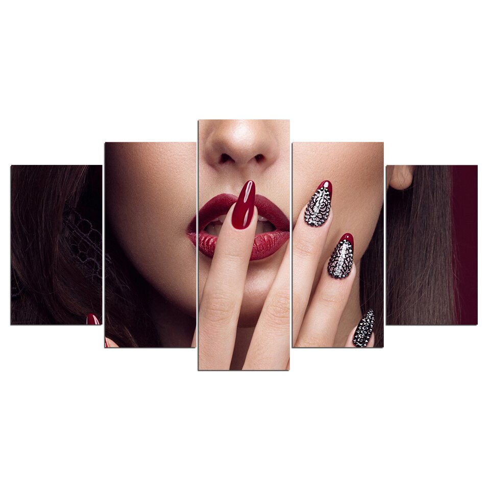 Sexy Woman Lips & Nails Framed 5 Piece Canvas Wall Art