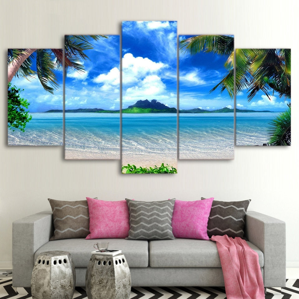 Tropical Palm Trees Blue Sky White Cloud Ocean Island Beach Seascape Framed 5 Piece Canvas Wall Art