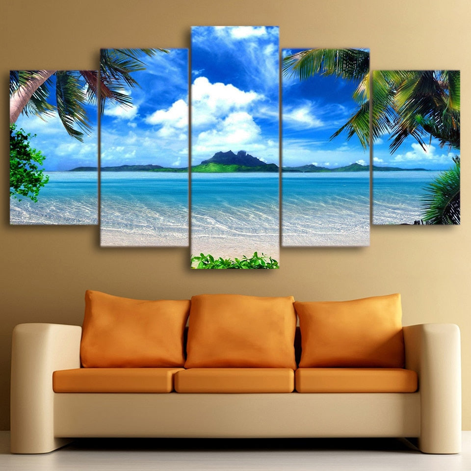 Tropical Palm Trees Blue Sky White Cloud Ocean Island Beach Seascape Framed 5 Piece Canvas Wall Art