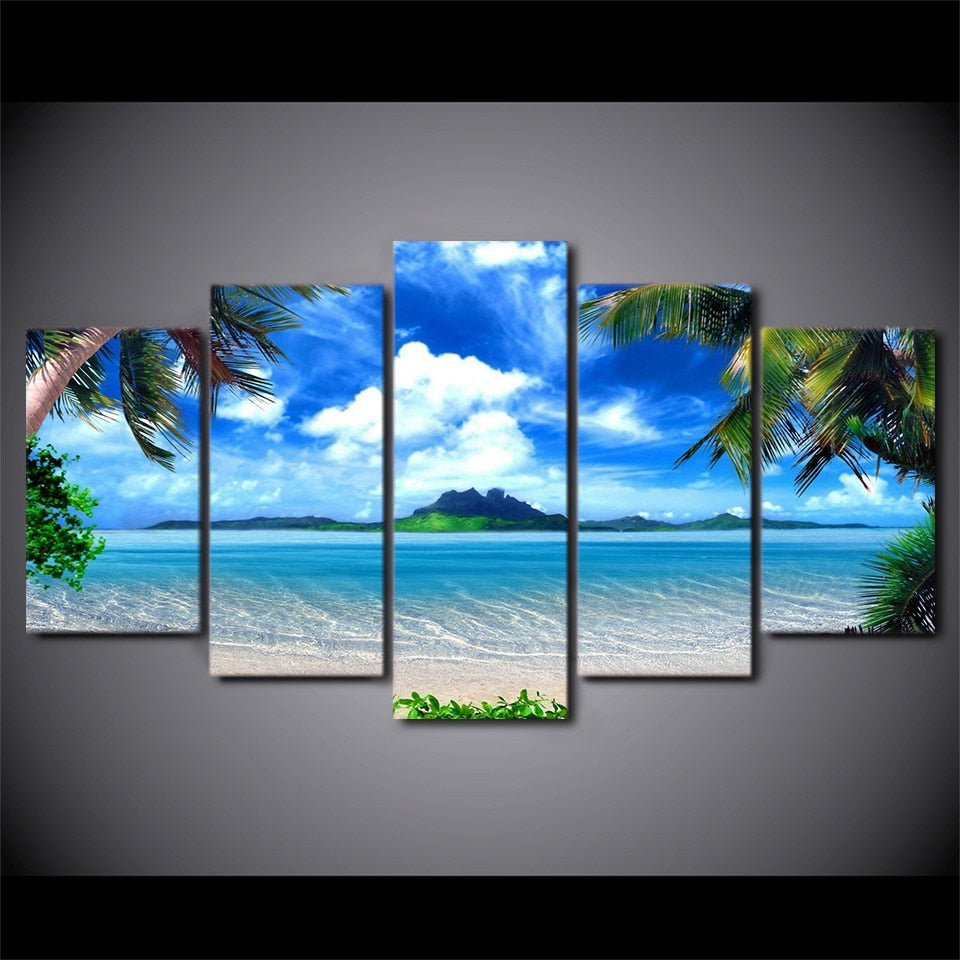 Tropical Palm Trees Blue Sky White Cloud Ocean Island Beach Seascape Framed 5 Piece Canvas Wall Art