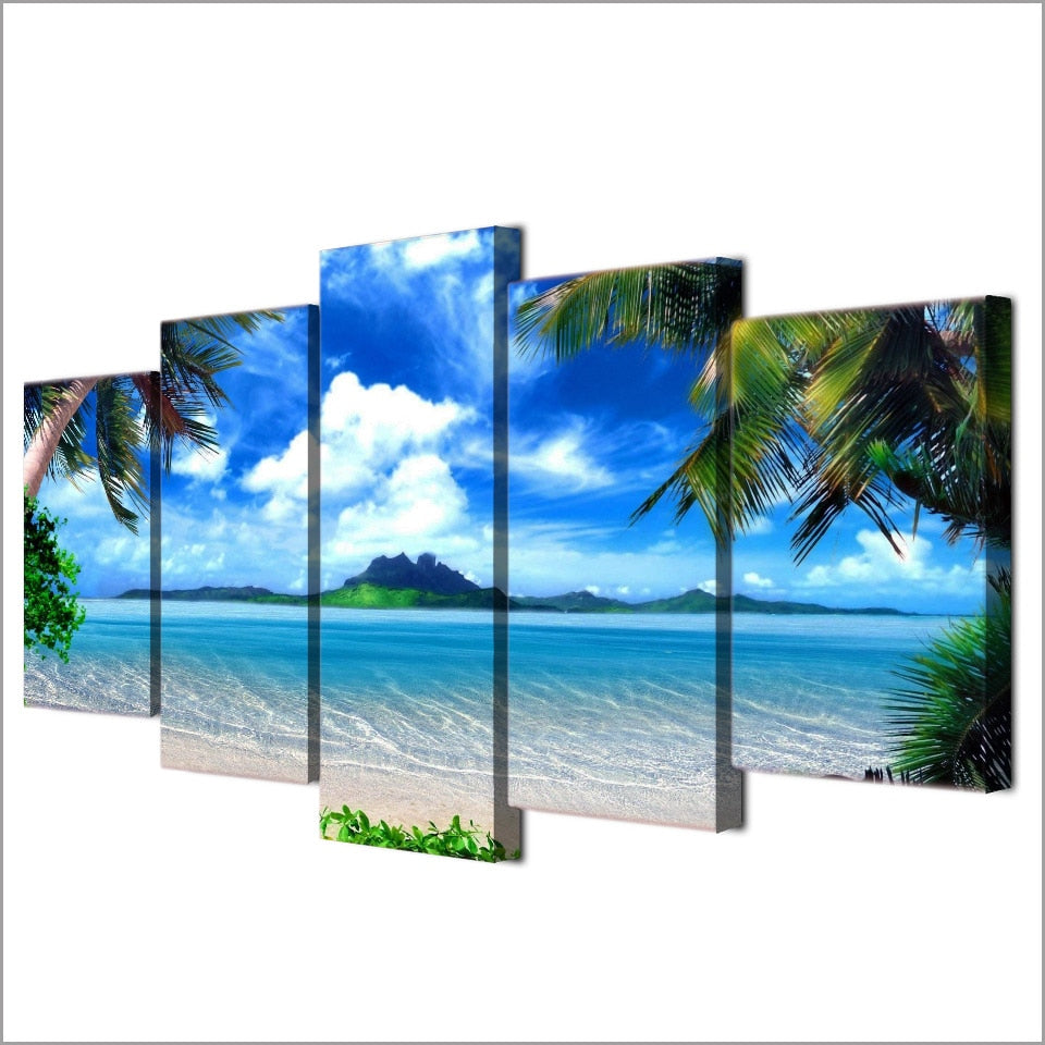 Tropical Palm Trees Blue Sky White Cloud Ocean Island Beach Seascape Framed 5 Piece Canvas Wall Art