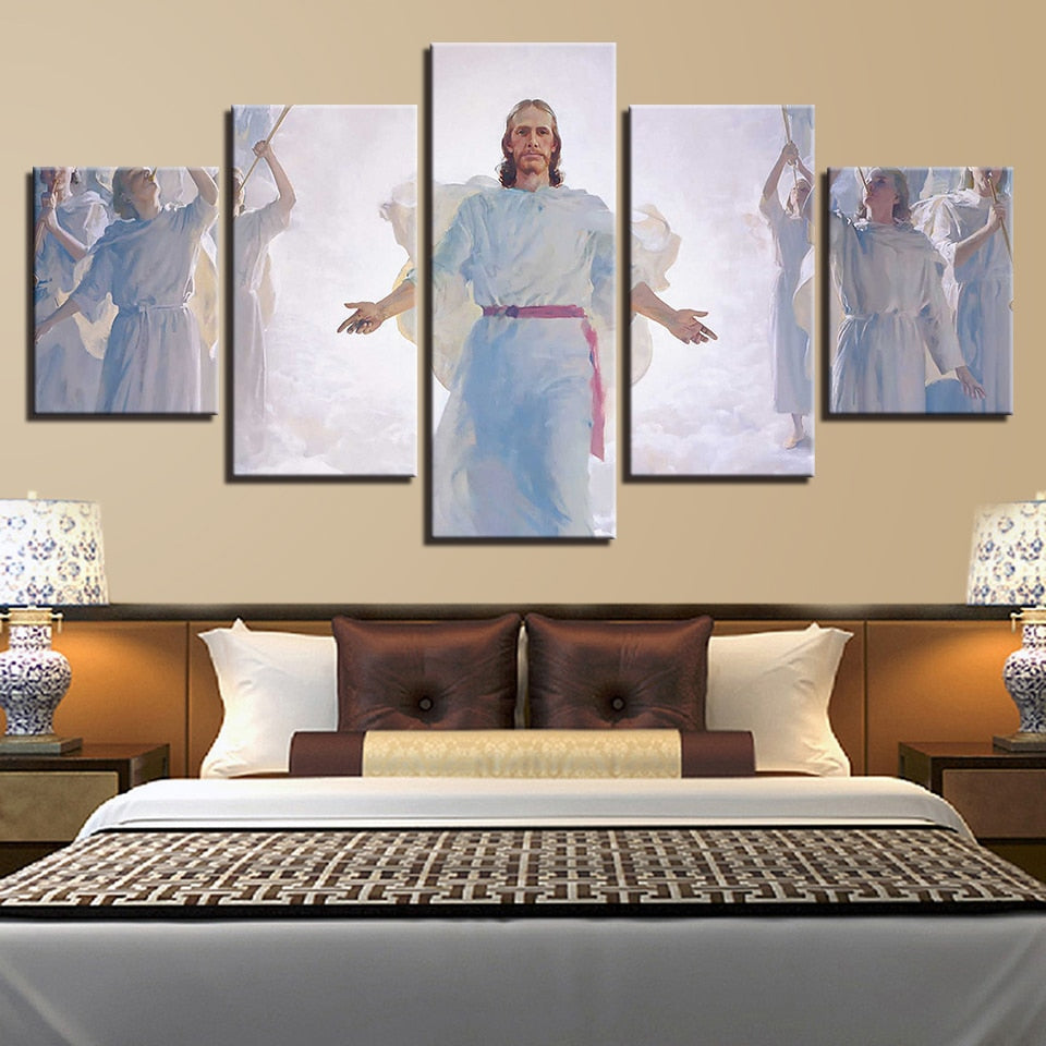 Jesus Christ In Cloud With Angels & Wings Christian Framed 5 Piece Canvas Wall Art