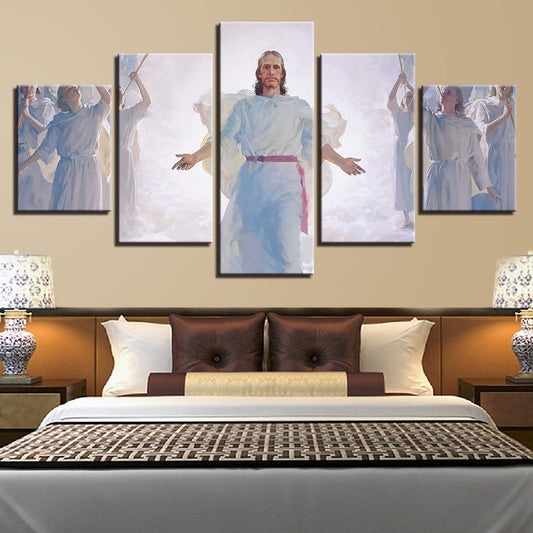 Jesus Christ In Cloud With Angels & Wings Christian Framed 5 Piece Canvas Wall Art