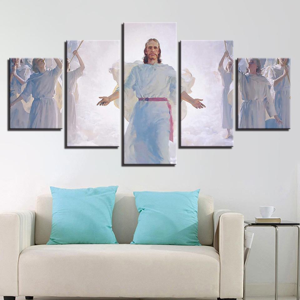 Jesus Christ In Cloud With Angels & Wings Christian Framed 5 Piece Canvas Wall Art