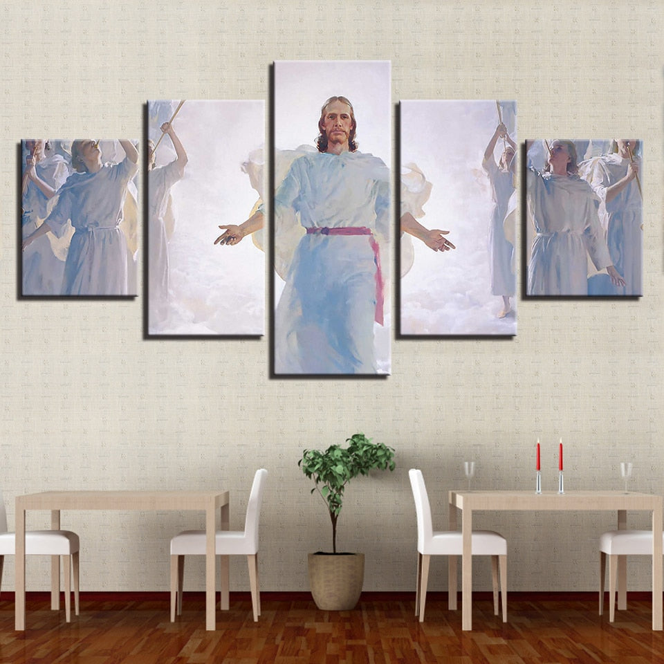 Jesus Christ In Cloud With Angels & Wings Christian Framed 5 Piece Canvas Wall Art