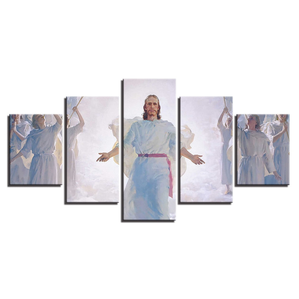 Jesus Christ In Cloud With Angels & Wings Christian Framed 5 Piece Canvas Wall Art